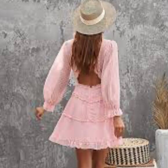 Pink Clip Dot Faux Wrap Mini Dress Size Small Ruffle Babydoll Open Back Dress - Picture 7 of 16